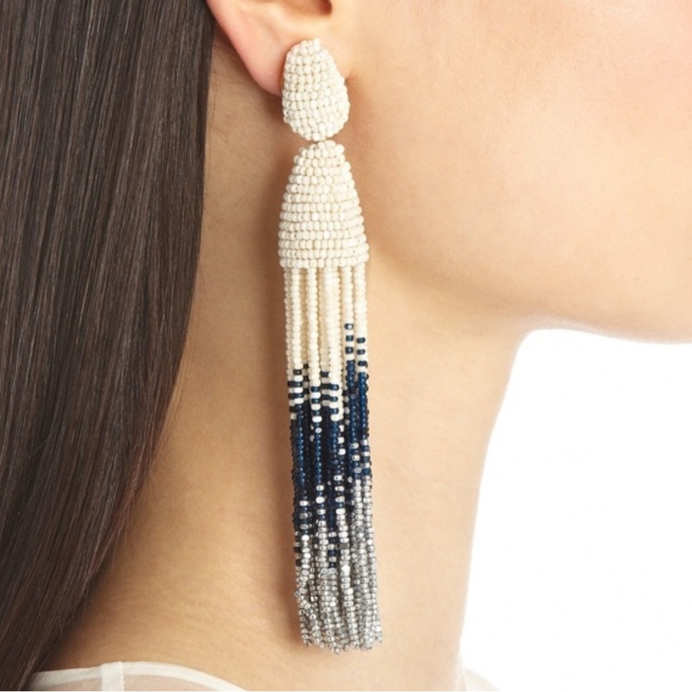 Oscar de la Renta Classic Long Tassel Clip-On Earrings - Cream/Navy/Silver